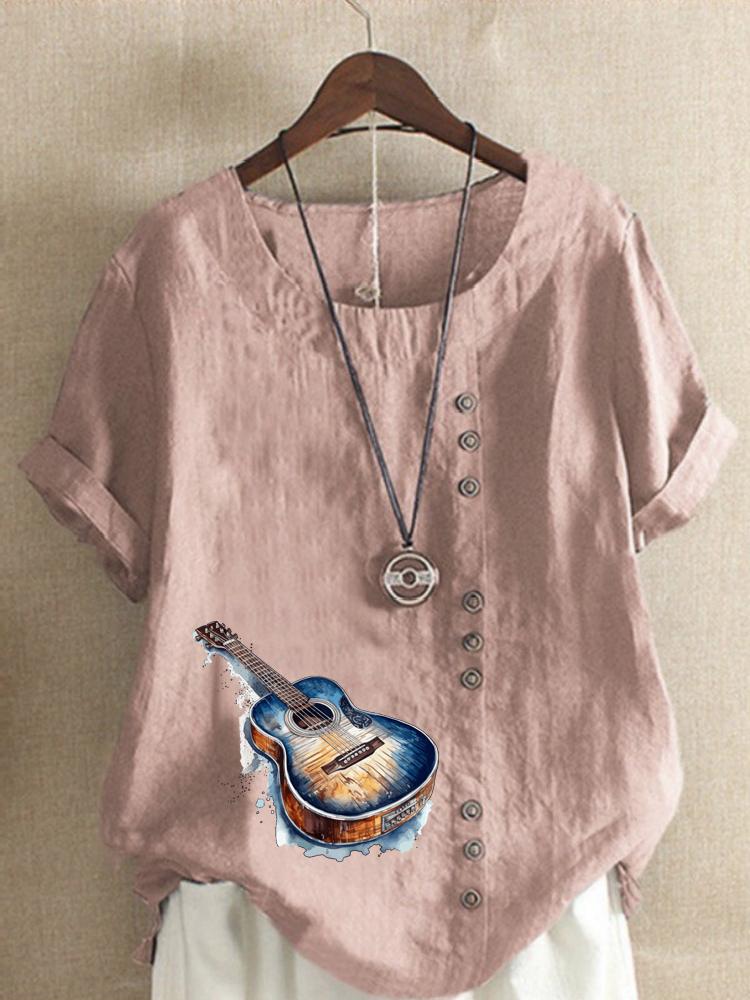 Women s Fashion Guitar Print Shot Sleeve T-shirt Loose Cotton Shirt Casual Loose Summer Blouse Tops Plus Size S