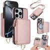 For iPhone 16e/16/15/14/13/12 Pro Max Wallet Case Detachable Crossbody Zipper Purse with Wristlet [Compatible with MagSafe]