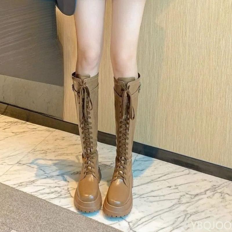 

Длинные сапоги-трубы для женщин на осень-зиму, новые, на толстой подошве, на высоте, на шнуровке, с высоким голенищем, простые, удобные, нескользящие женские сапоги 40 хаки