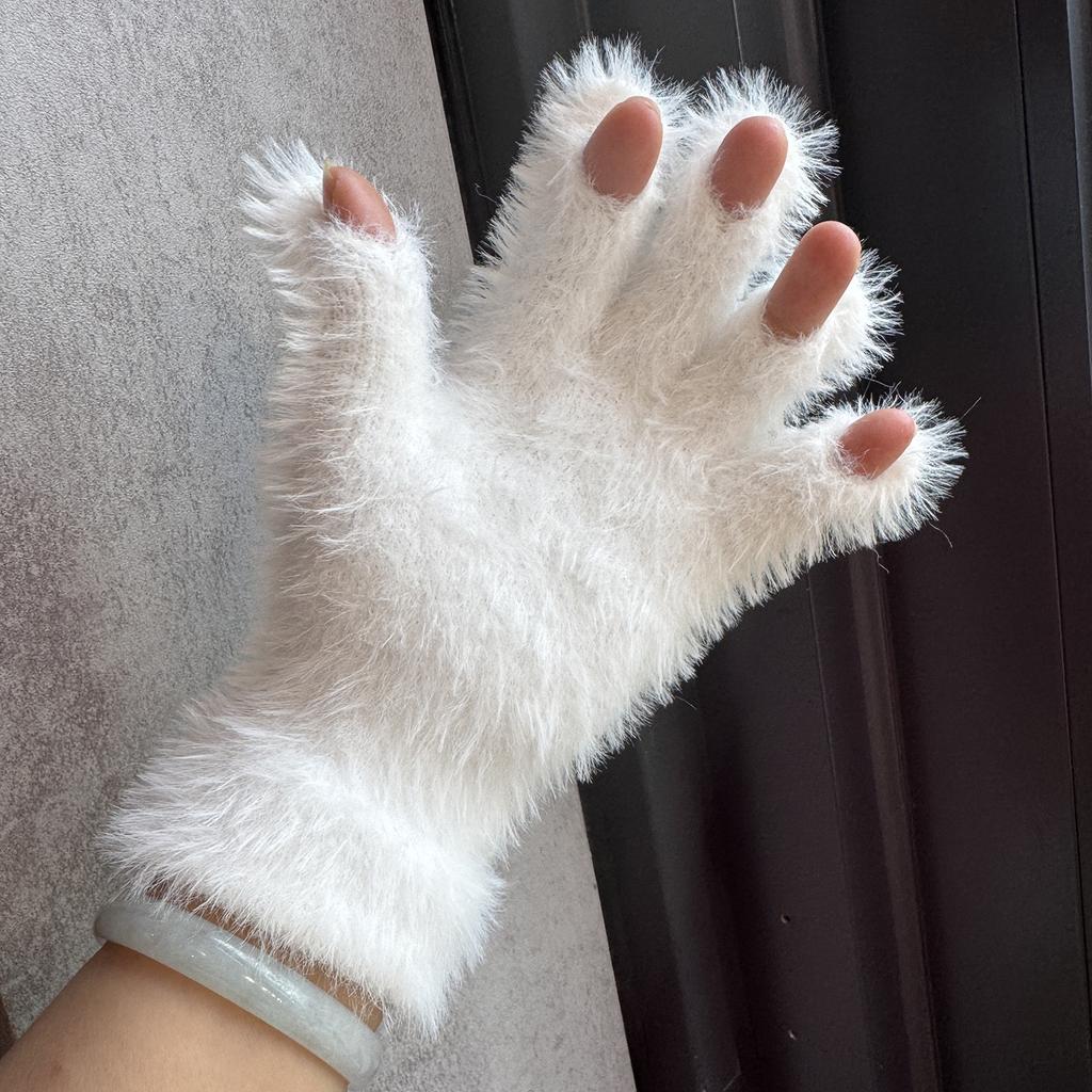 Niedliche lächelnde Gesichter bestickte Plüschhandschuhe für Damen im Winter Fellartig und Samt Warm und Kältefest Studenten Radfahren Touchscreen-Handschuhe