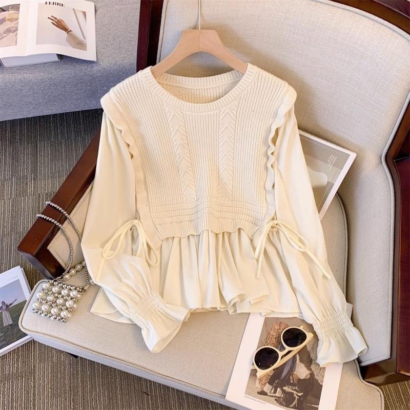 2024 Loose Fit Patchwork Knitted Sweater with Lotus Leaf Details
