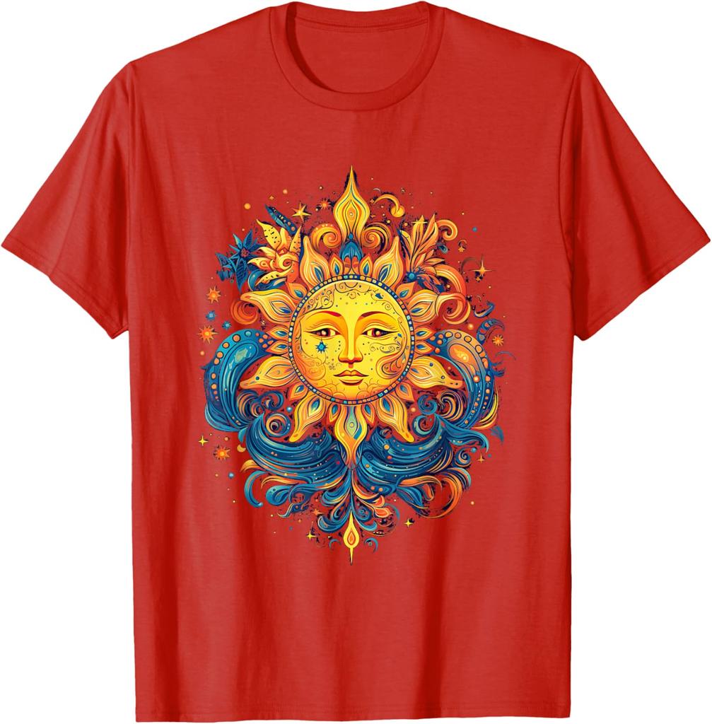 Mystical Sun Face Graphic Tee Men Casual Cotton Round Neck Vintage Aesthetic Print T-Shirt