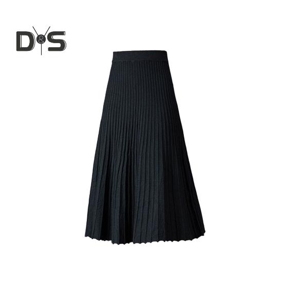 Women Pleated Skirt Elastic High Waist A-Line Midi Skirt Solid Color Mid-calf Length Skirt Thickened Commuting Style Skirt