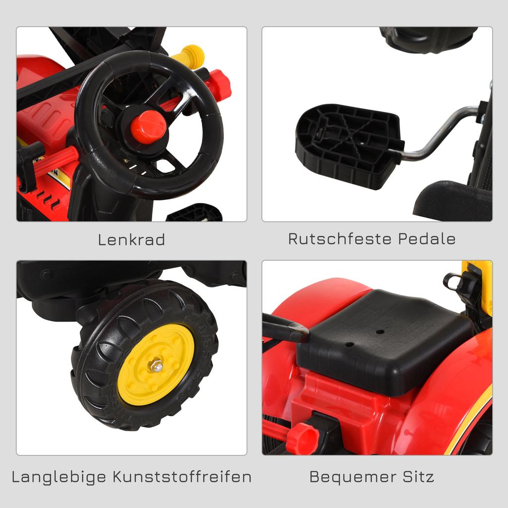 Pedal Tractor with Trailer, Front Loader, Adjustable Bucket, Tractor Pedal Vehicle for Children from 3 Years Red