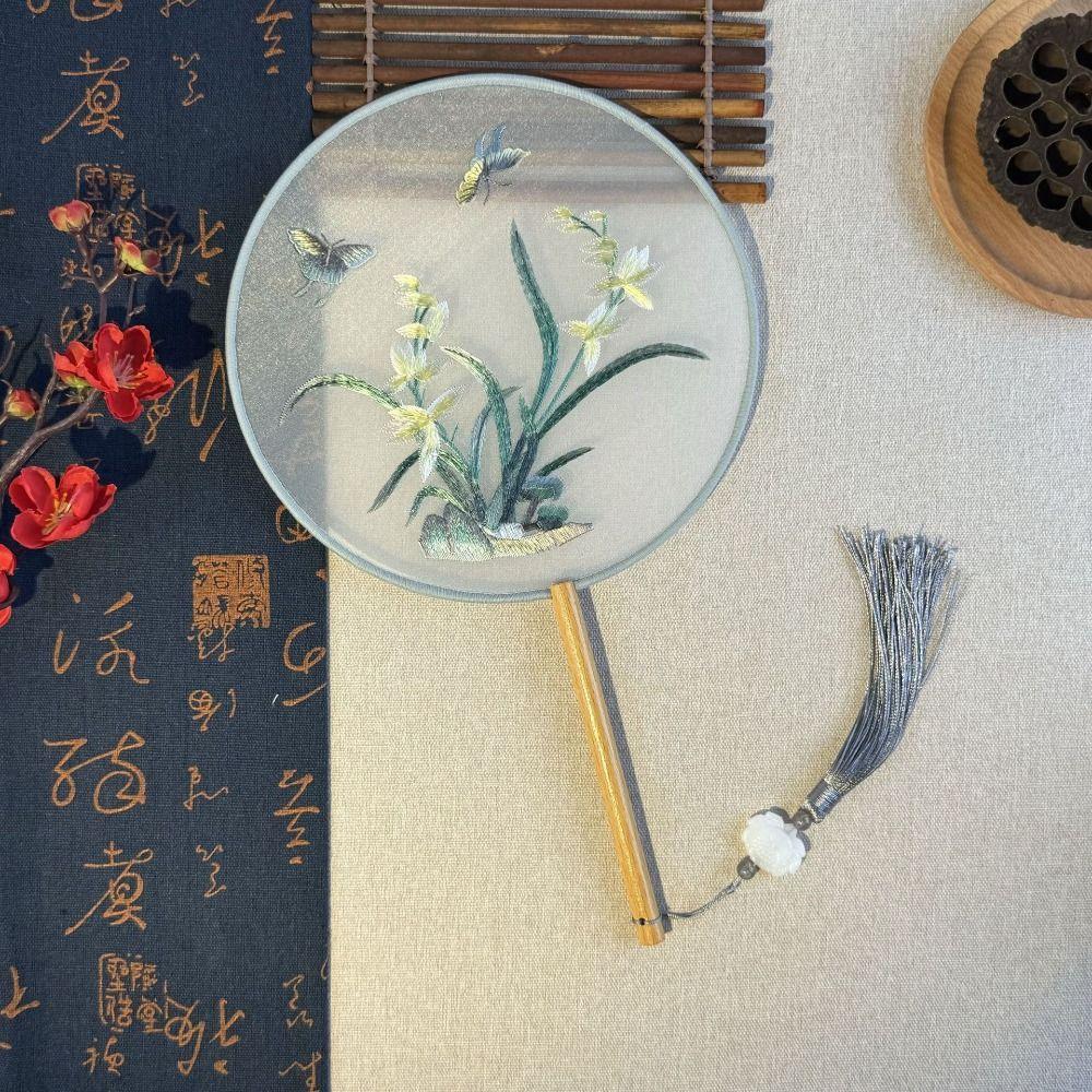 Handheld Chinese Style Round Fan with Pendant Silk Fan HanFu Embroidery Fan  Chinese Wedding