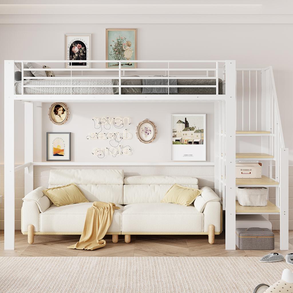 Letto a soppalco 90 x 200 Struttura Metallica Stabile con Ampio Spazio di Archiviazione Sotto il Letto e Scaletta Ideale per Bambini e Adulti