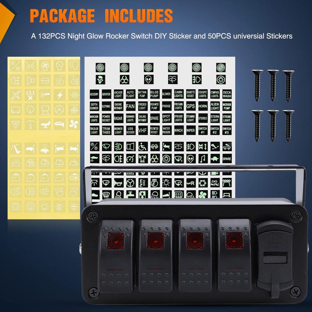 4 Gang Rocker Switch Box, 24V PD Type C and QC 3.0 USB