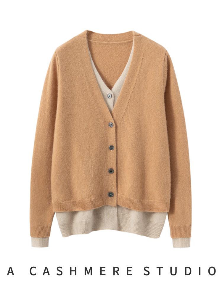 Soft, Skin-Friendly Cashmere Knit Color-Block Cardigan - Single-Breasted, Loose, and Slimming for Autumn/Winter Women's Wear