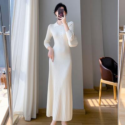 Women‘s Mid-length Dress Elegant Long Sleeves Sweater Knitwear Vintage Casual Female Fashion Clothing Autumn Winter