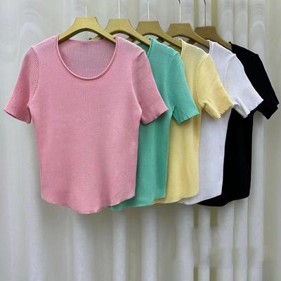 Knit Sweater Women's Short-sleeved T-shirt U-neck Top Design Sense Niche Thin Pink Small Shirt Summer Casual Essential Slim Fit Pullovers Tees