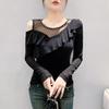Spring Autumn New Long Sleeved O-neck Sexy Women's Beading Black T-Shirt Elegant Slim Hollow Out Ruffes Tops Tees