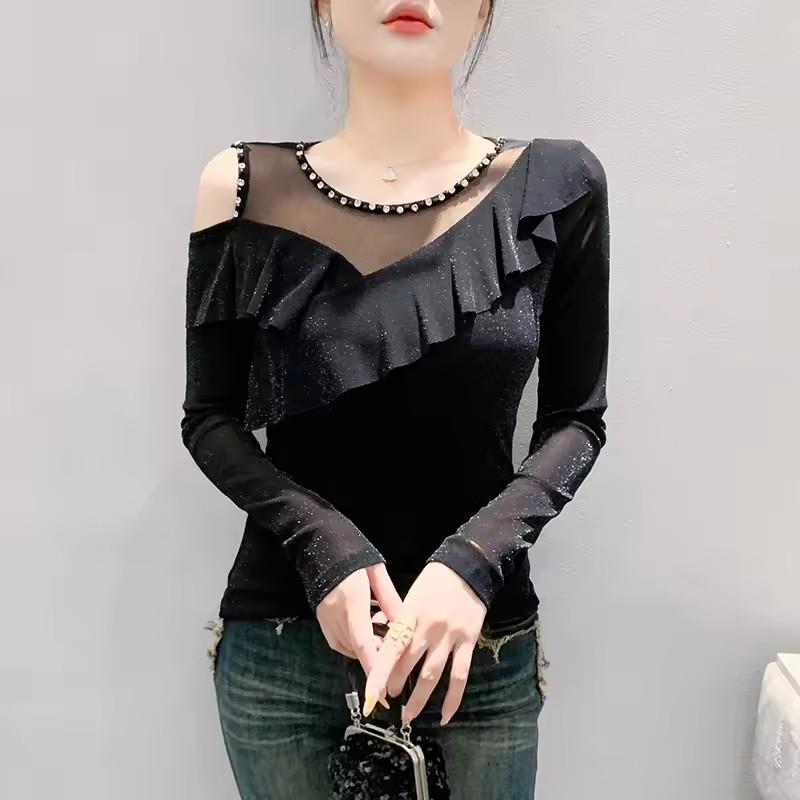 Spring Autumn New Long Sleeved O-neck Sexy Women's Beading Black T-Shirt Elegant Slim Hollow Out Ruffes Tops Tees