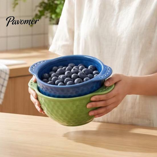 Obst- und Gemüsewaschschale Keramik Beerenwaschschale mit Abflusslöchern, Selbst drehende Dekorationswaschschale, Wirbelndes Spülsieb für Erdbeeren Trauben