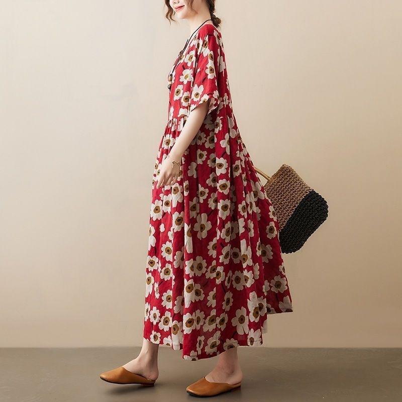 Summer New Literary Age Reduction Large Size Loose and Thin Printed Short-sleeved Long Dress with Pockets Over the Knee Skirt