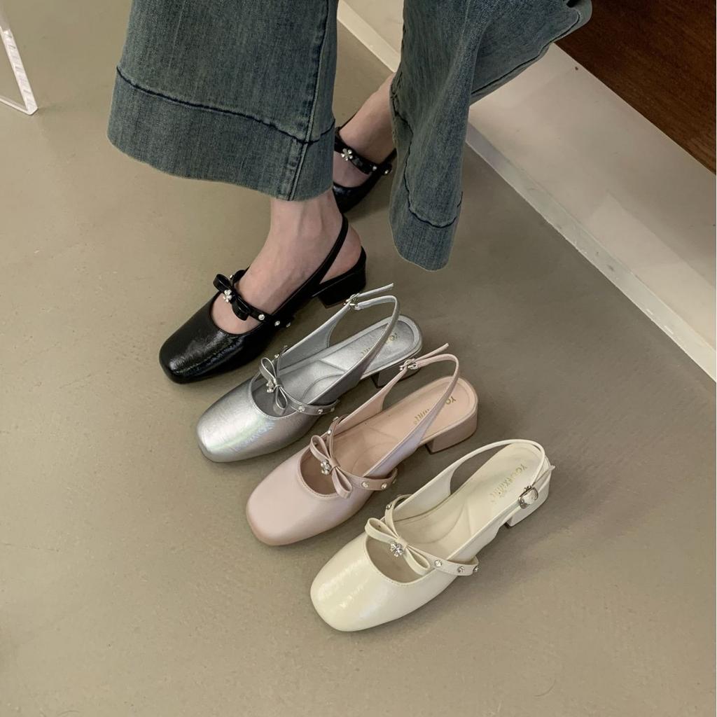 2025 new summer round head with rhinestone bow empty Mary Jane women's shoes