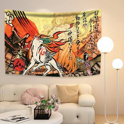 Okami Game Tapestry The Fire Wolf And Sun Art Flag Digital Prints Wall Hanging Covering For Bedroom Dorm Home And Garden Decor