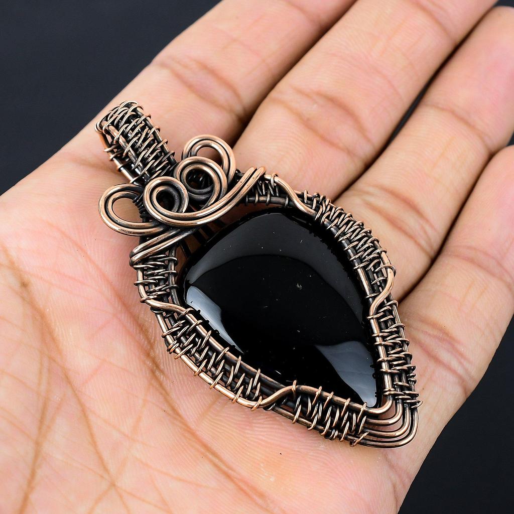 Black Onyx Gemstone Pure Copper Wire Wrapped Handmade Pendant Jewelry For Her
