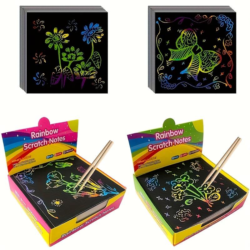 1 Box of 100 Rainbow Scratch-Off Mini Art Sticky Notes, Handmade Art Party Supplies, Birthday and New Year Gifts, Creative Colorful Doodles