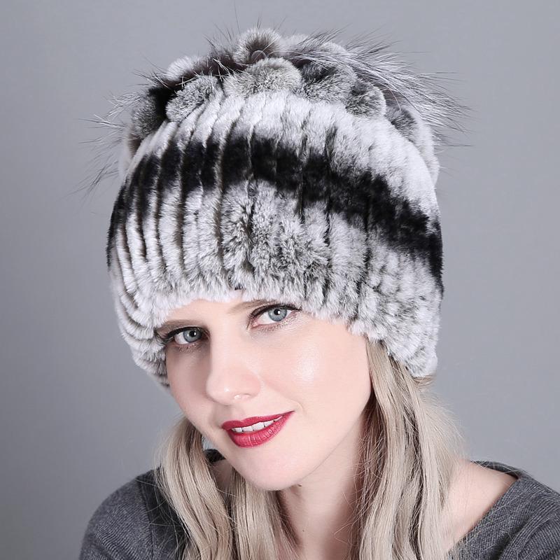 Colorful Rex Rabbit Fur Knitted Women's Warm Winter Hat