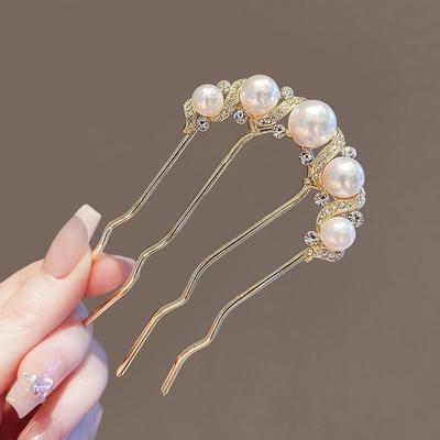 Elegant Hair Fork with Faux Pearl and Rhinestone Accents Metal Hair Pin for Women Hair Styling and Updos