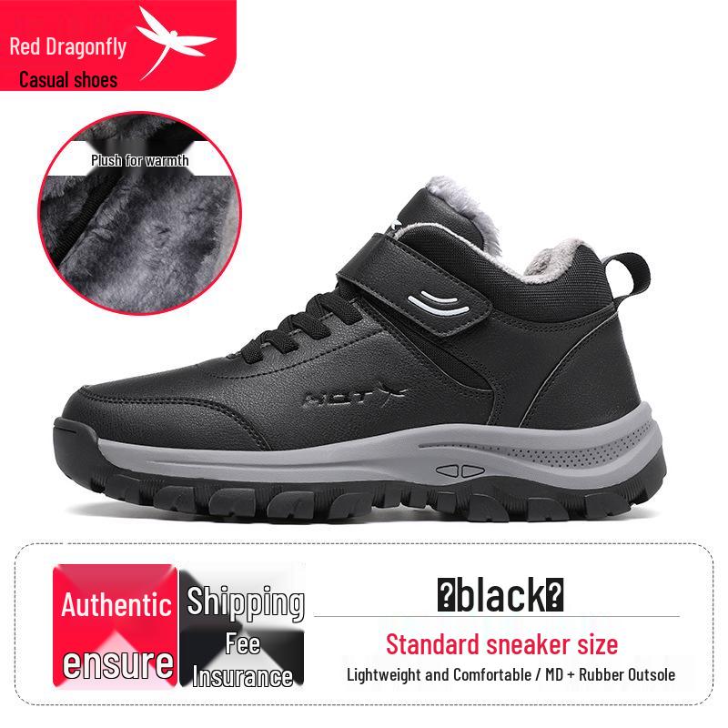 Red Dragonfly Men's Winter High-Top Casual Shoes: Warm Plus Velvet, Soft Sole, Non-Slip Walking Shoes for Middle-Aged and Elderly