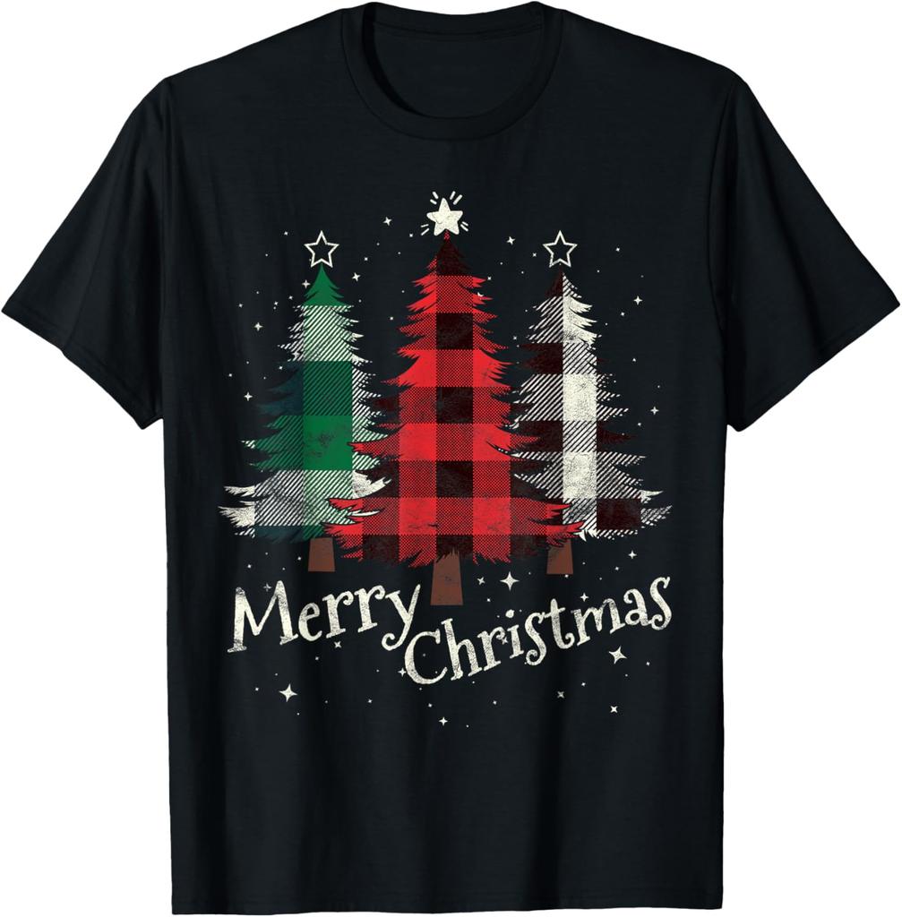 Buffalo Plaid Christmas Trees Graphic Tee Soft Cotton T-Shirt Holiday Gift Casual