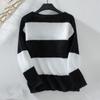 Autumn Winter Vintage Loose Long Sleeve Top Stripe Cardigan Knitwear V-Neck Sweater