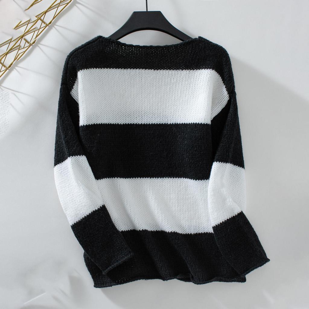 Autumn Winter Vintage Loose Long Sleeve Top Stripe Cardigan Knitwear V-Neck Sweater