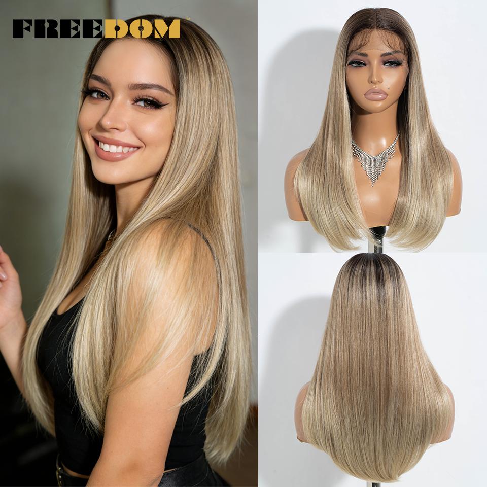 FREEDOM Straight Synthetic Lace Front Wigs For Women Medium Long Bob Lace Wig 22 Inch Ombre Brown Blonde White Cosplay Wigs
