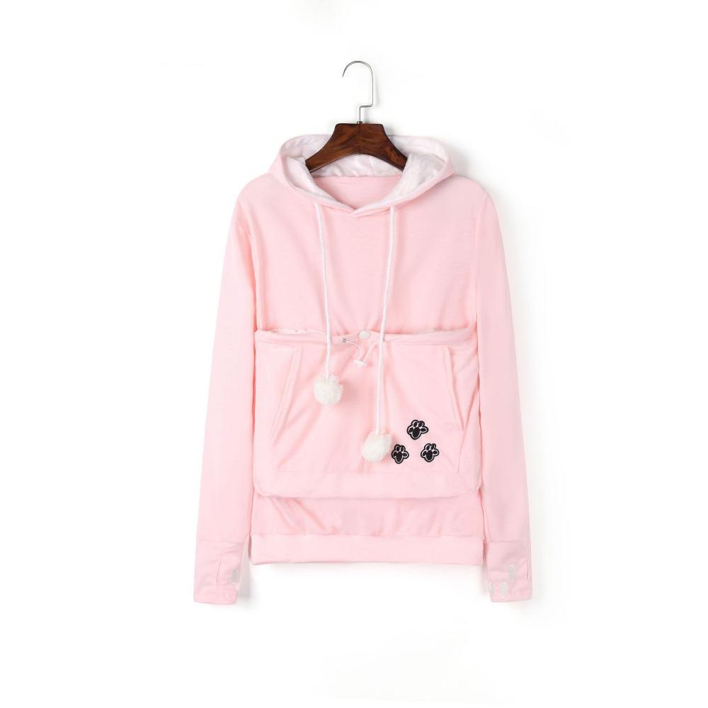 Women'S Autumn Winter Fleece Hoodie Korean Chic Streetwear Large Pocket Pet Holder Sweatshirt Warm Solid