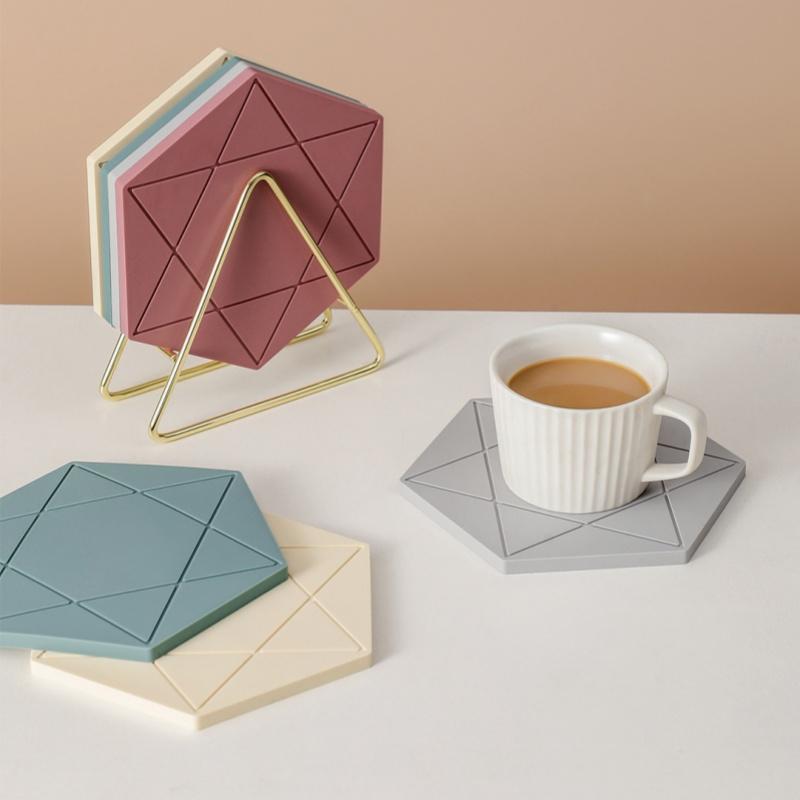 Solid Color Hexagonal Silicone Coasters Creative Simplicity Pentagram Heat Pad Household High Temperature Waterproof Oil Coaster