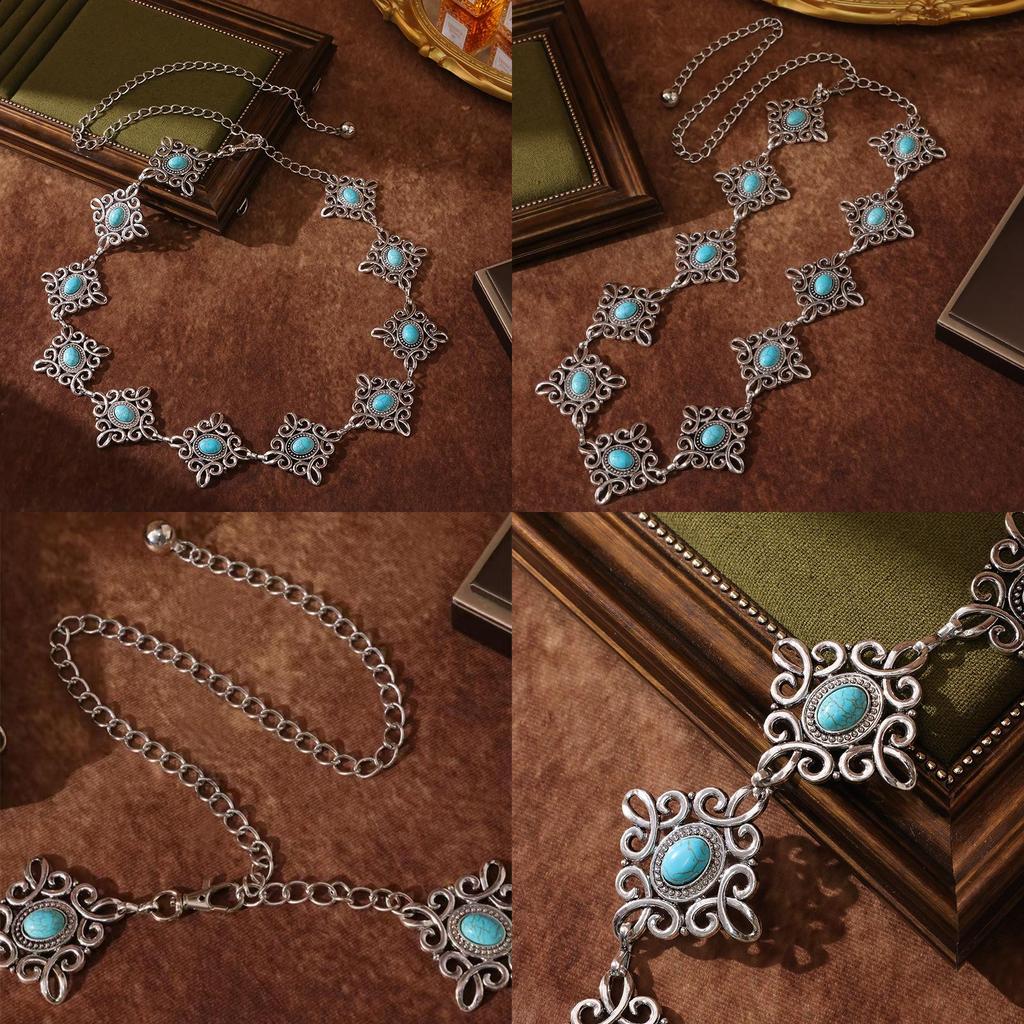 Chinese Traditional Knot Waist Chain With Metal Carving Turquoise Occasions For