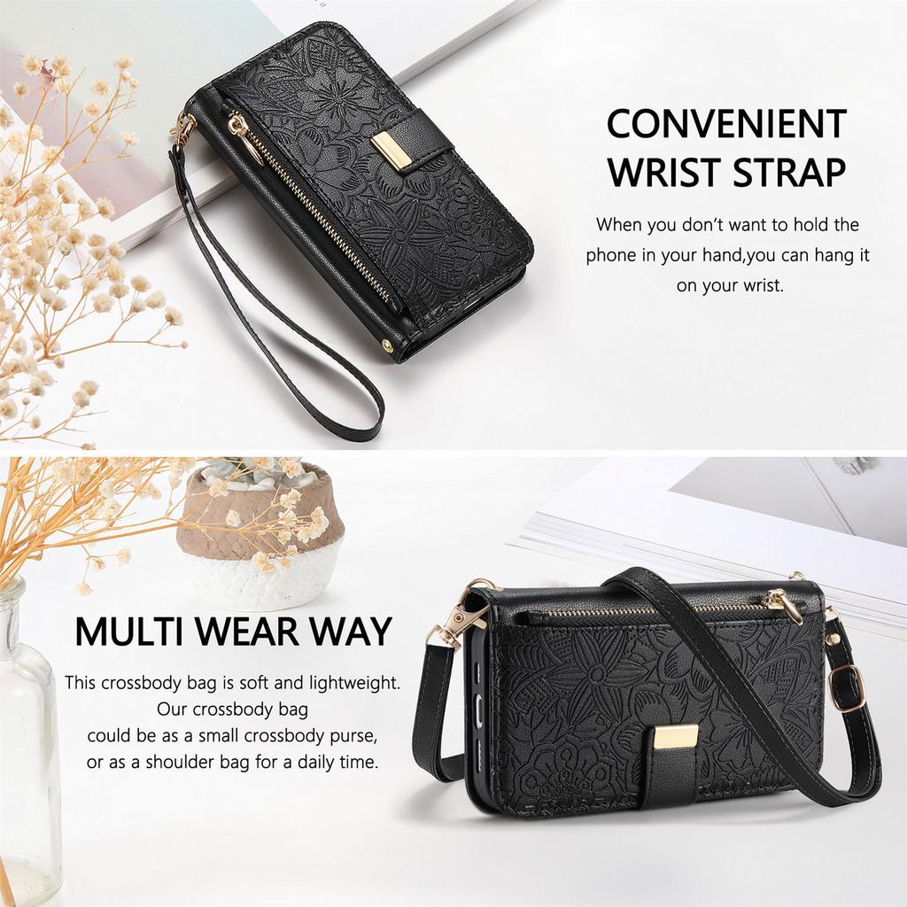 PU Leather Zipper Crossbody Flip Wallet Card Slot Phone Case For Samsung Galaxy S25 Plus S24 FE S23 Ultra S22 Wrist Strap Cover