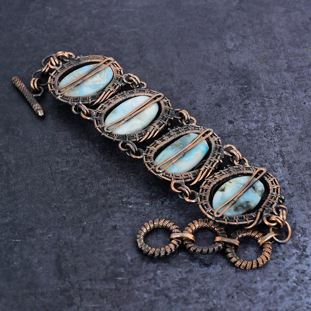 Republic Larimar Gemstone Handmade Copper Wire Wrap Bracelet 7-8" D0v12