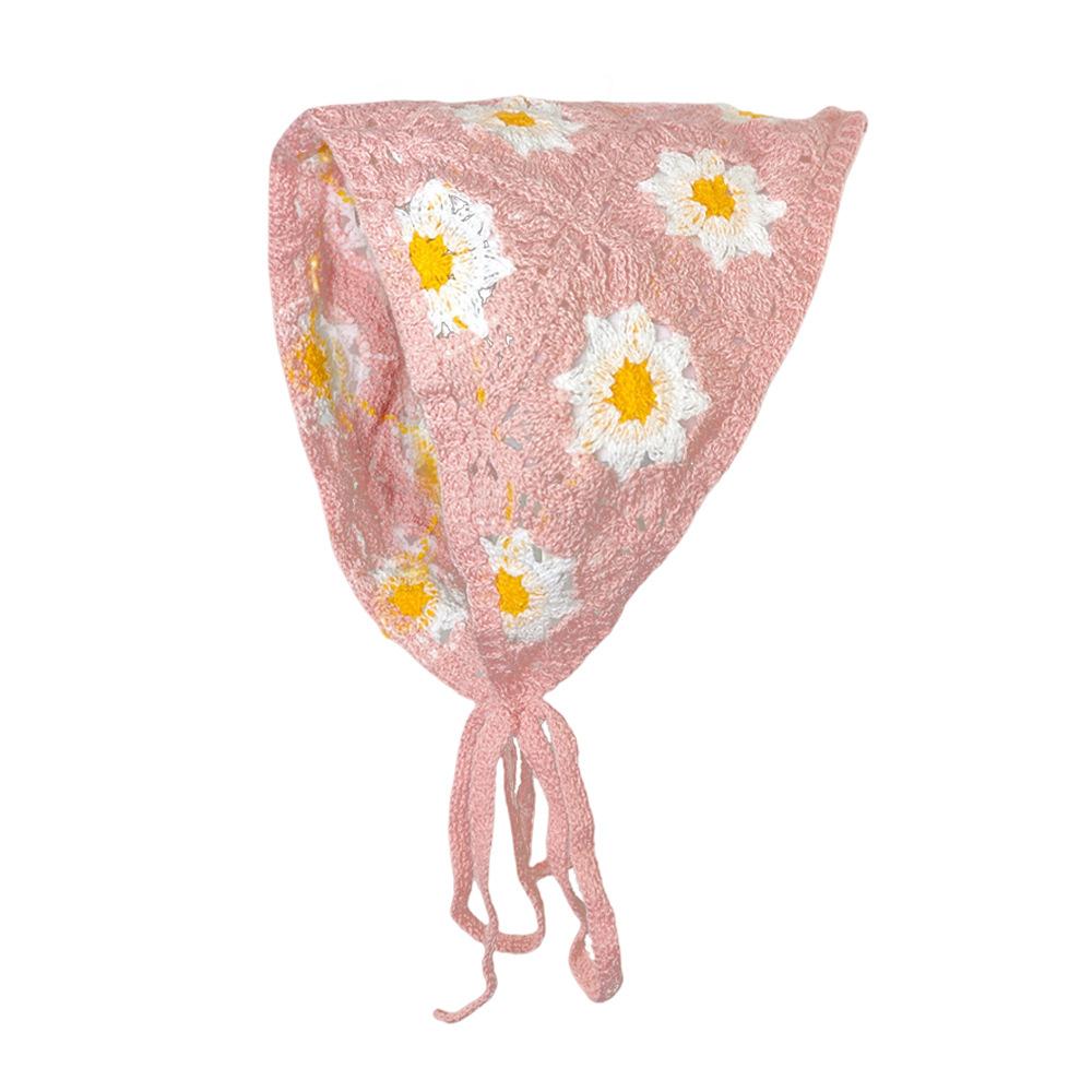 Fashion Knitted Headscarf Hat French Pastoral Style Triangle Headband Handmade Crochet Headband Towel Little Flower Headscarf