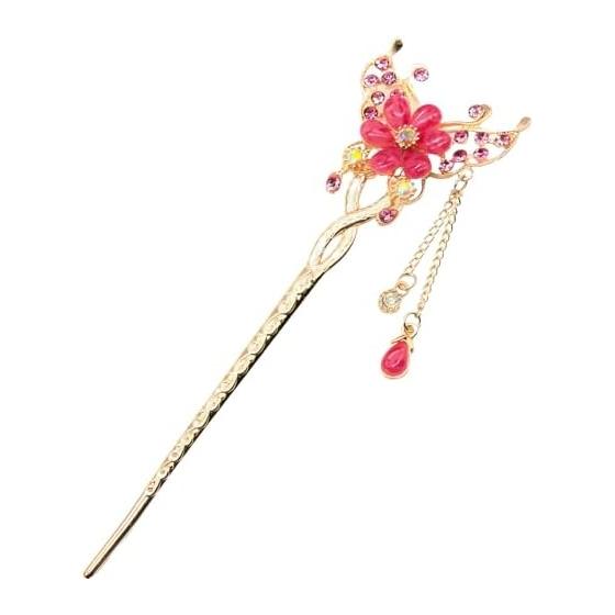 Miaomyao Hairpin Kanzashi for Japanese Traditional Wear, Kimono, Yukata, Hair Accessory, Metal Butterfly Flower, Pink Gold
