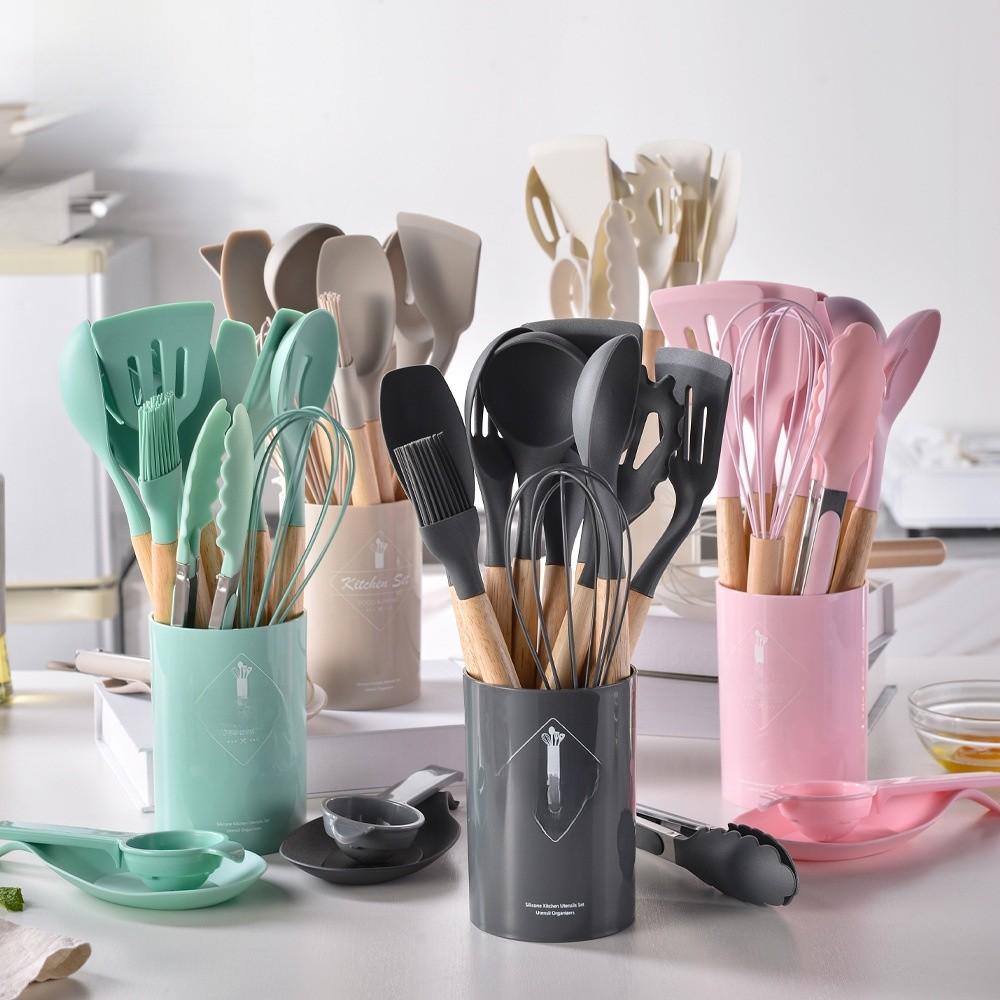 Silicone Kitchen Utensil Set With Wooden Handles For Cooking Nonstick Heatresistant For Home Use
