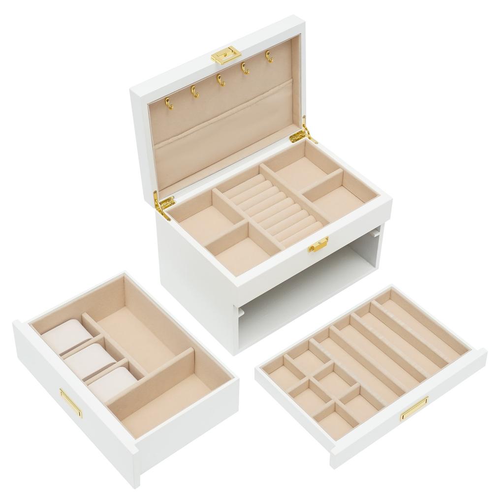 3-Layer Jewelry Organizer Box for Women, Modern White Jewelry Storage Box with Plush Lining, Rectangular Jewelry Display Case