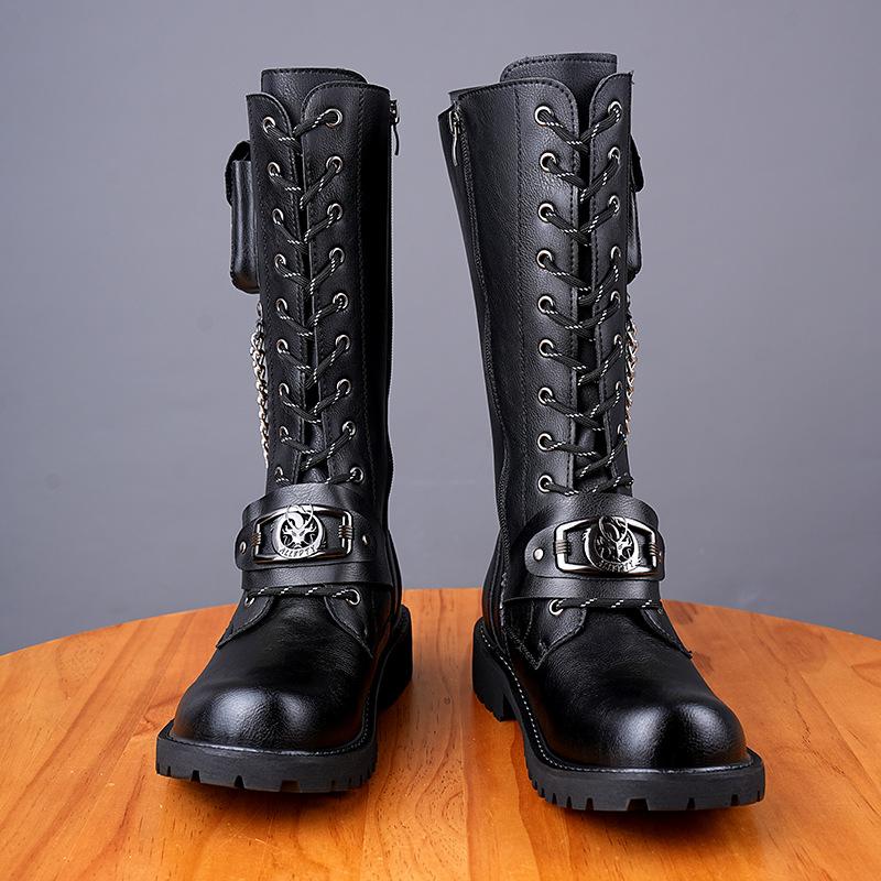 Luxury Mens Leather Boots Fashion Motorcycle Boots Punk Rock Gothic Boots for Men Lace-up Cowboy Boot Mid-calf Knight Boot Botas