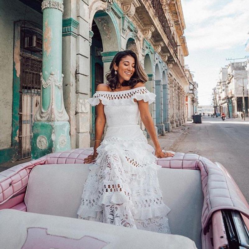 Summer New Vintage Off Shoulder Sexy Dress Women Ruffled Hollow Out Lace White Party Loose Dress Women Elegant High Waist A Line Casual Dresses 25088