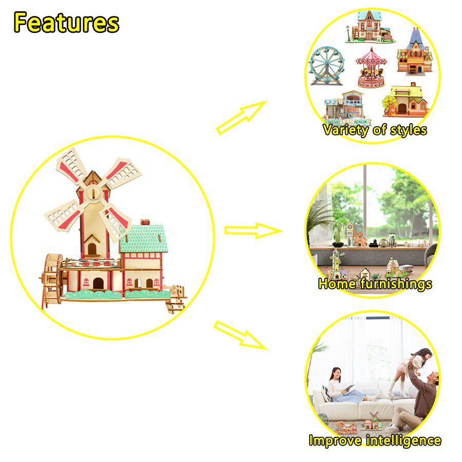 3D Wooden Puzzle Toys Jigsaw Architecture DIY Windmill Castle Construction Pattern Kids Puzzles Learning Educational Toys Gifts