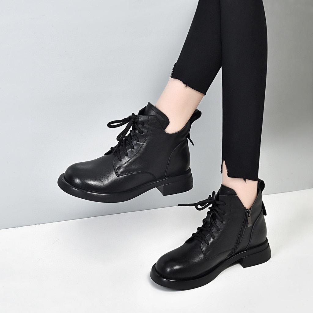 Round head short boots women's boots autumn new flat bottom lace-up Martin boots first layer cowhide comfortable women's leather boots