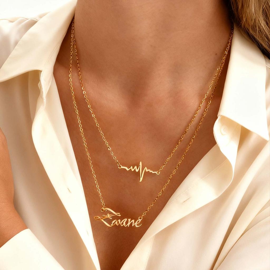 Double-Layer Free Customized Name ECG Cross Necklace for Women Rolo Chain Stainless Steel Necklaces,Personalized Jewelry Gift