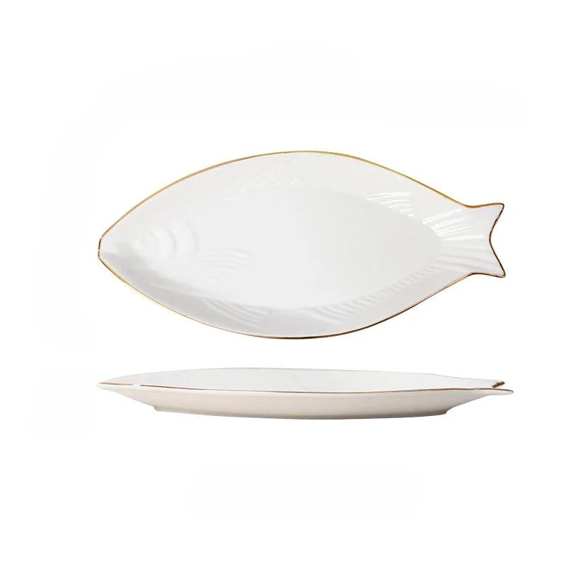 Porzellan Fischteller mit goldrandigem Kreativ-Fischförmigem Dinner-Platzteller Gedämpfter Fisch Restaurant Küchentischgeschirr