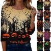 Women Casual Halloween Print Round Neck Three Quarter Sleeve T Shirt Top Lightweight Comfortable Fit for Autumn Seasonal Wear