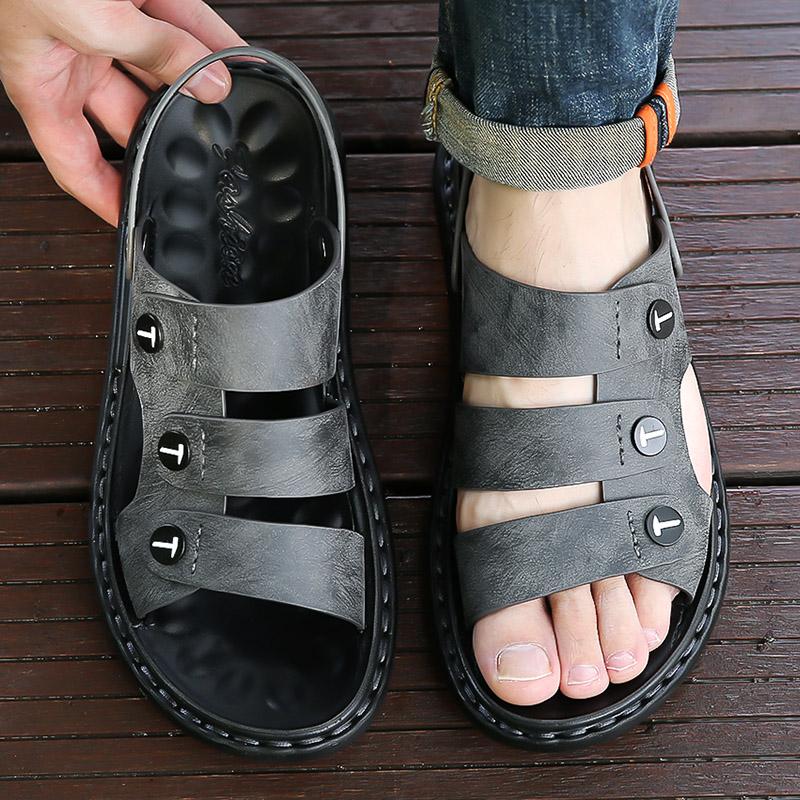 Men's Leather Sandals Breathable Soft Comfortable Slippers Summer Casual Shoes Slip-On Lightweight Flats Beach Walking Sandals