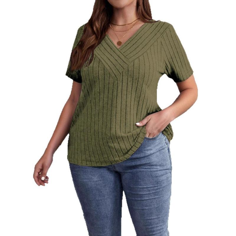 Summer Cross V-Neck Plus Size Short Sleeve Women Blouse Pit Strip Solid Color Top Fashion Loose Casual Elegant Simple T-shits Female Office Tee Shirts