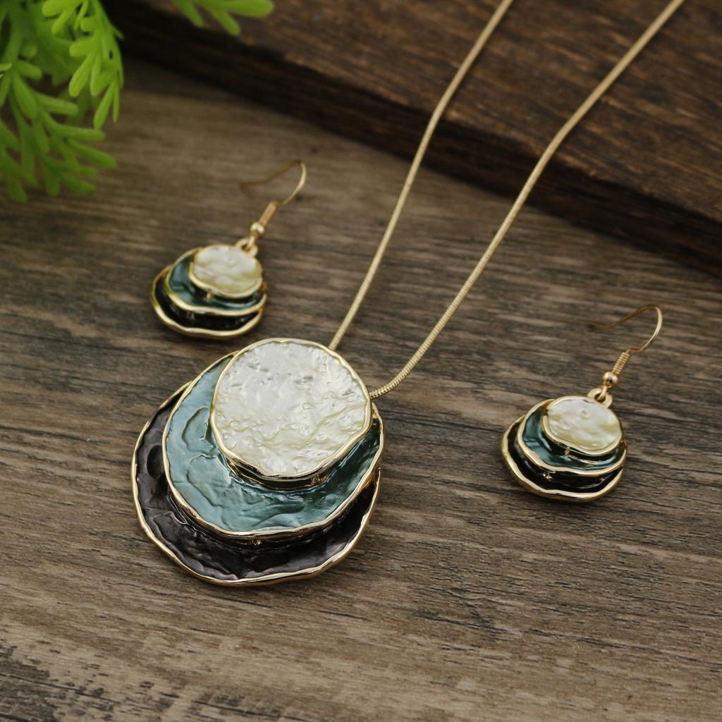 Color Painting Oil Three-layer Ring Hollow Pendant Earrings Set Bohemian Women's Jewelry Set