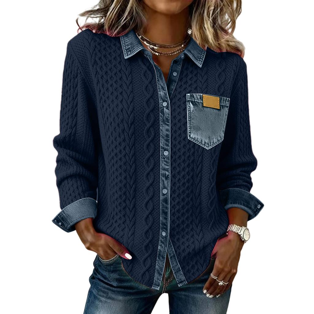 Chaqueta tipo cárdigan de manga larga de mezclilla con patchwork de punto para mujer
