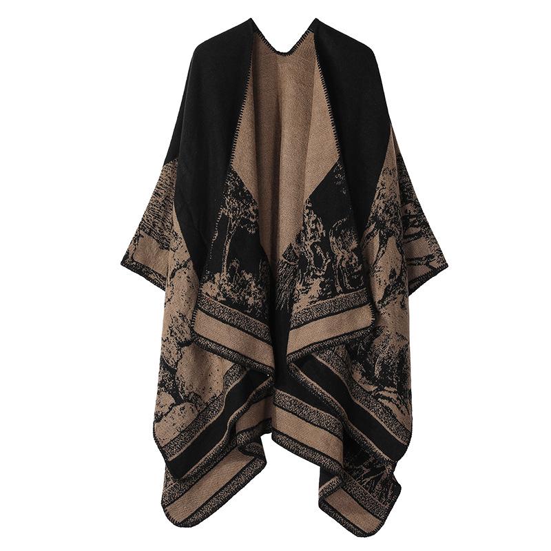 Women s Black & Grey Ethnic Jacquard Shawl with Tassels - Autumn/Winter Warm Travel Cape 130x150
